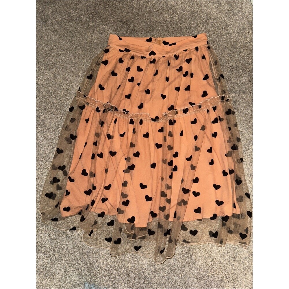 Y2K Whimsy Goth Peach Tiered Skirt Sheer Black Velvet Hearts Overlay A Line Lg